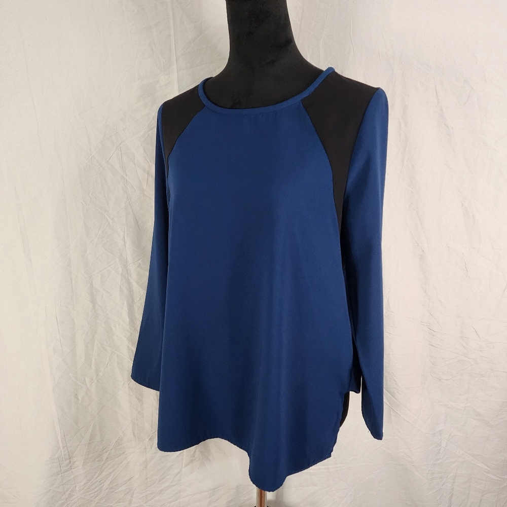 J CREW Size 8 Blue & Black Colorblock Tulip Hem‎ Lightweight Long Sleeve Blouse